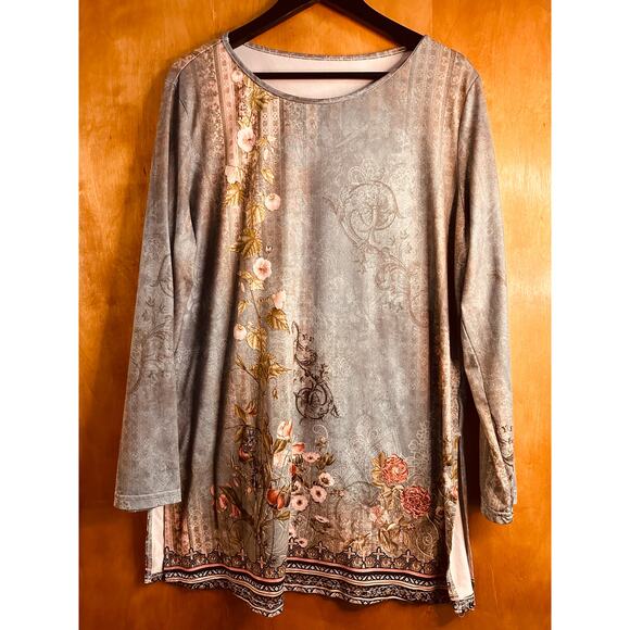 Women's Plus Size Long Sleeve Tunic Blouse Top Green/Blue Floral Top Size 2X - Picture 1 of 8